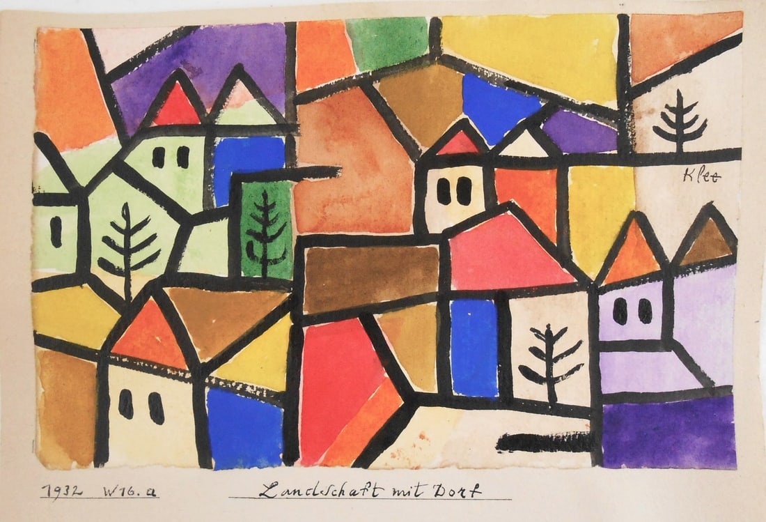 Paul Klee* (1879-1940) Watercolor (See Guarantee & Disclaimer): Watercolor and gouache laid down to artist's mount, Landschaft mit Dorf , signed, titled, and dated (Paul Klee*, 1879-1940). Very good condition. No readily apparent damage or repairs. Removed from fr