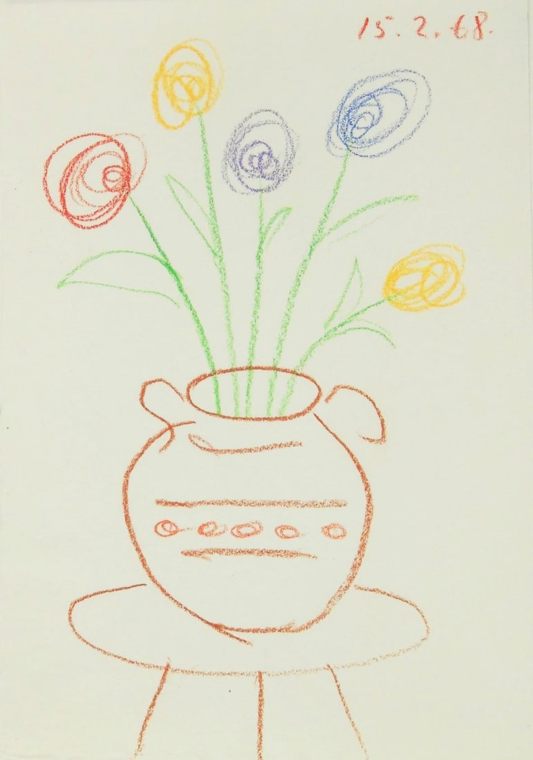 Pablo Picasso* (1881-1973) Color Pencil Drawing (See Guarantee & Disclaimer): Colored pencil souvenir drawing on handmade wove paper, vase with flowers, unsigned (Pablo Picasso*, 1881-1973). Dated 15.2.68. 8 3/8 x 6 inches. Very good condition, having no visible damage or repai