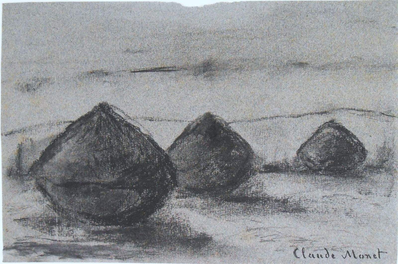 Claude Monet* (1840-1926) Charcoal Drawing (See Guarantee & Disclaimer): Charcoal drawing on bluish-grey wove paper, field with haystacks, signed (Claude Monet*, 1840-1926). Good condition overall, having no visible damage or repairs. Removed from frame for inspection, pho