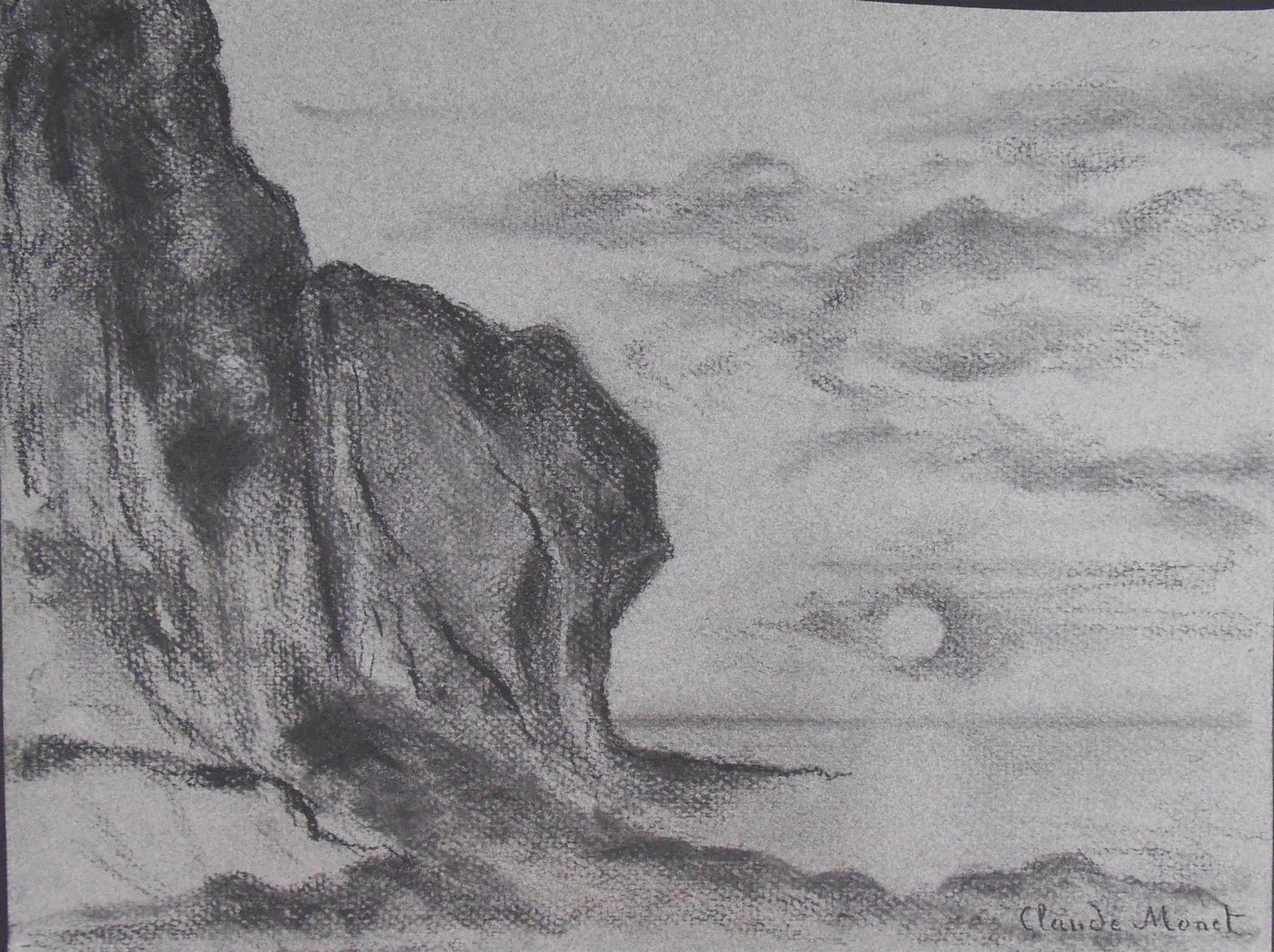 Claude Monet* (1840-1926) Charcoal Drawing (See Guarantee & Disclaimer): Exceptional charcoal drawing on bluish-grey wove paper, coastal cliffs, signed (Claude Monet*, 1840-1926). A few minor margin imperfections, otherwise good condition overall. Removed from frame for in