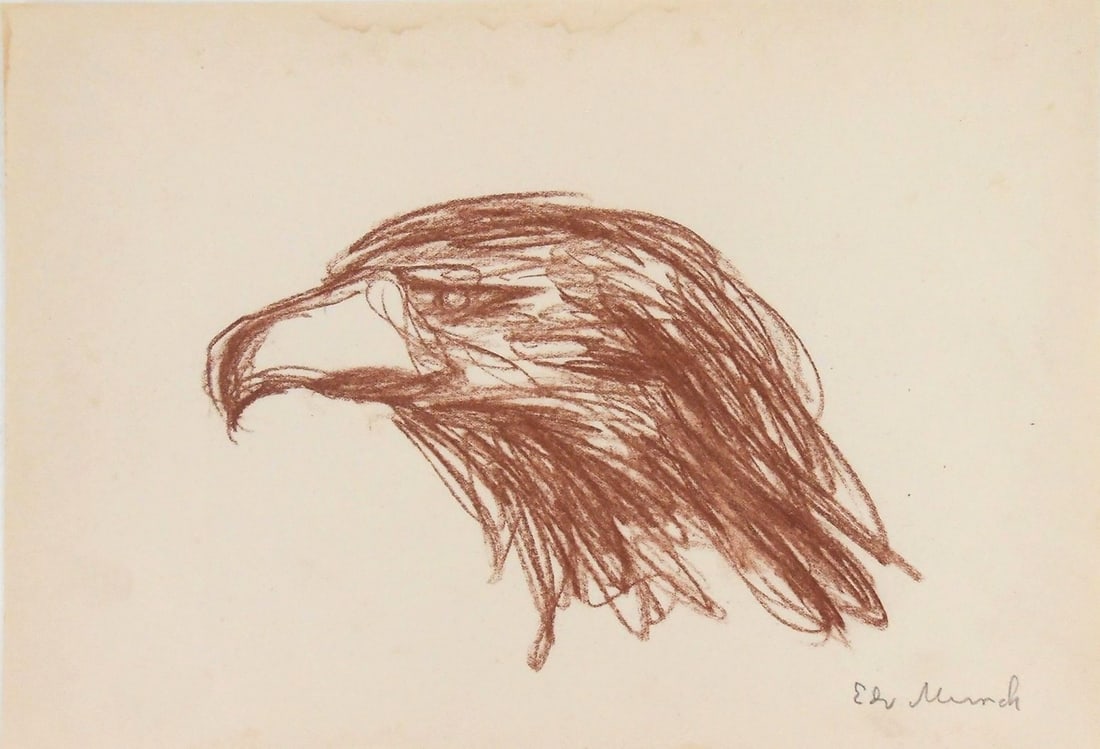 Edvard Munch* (1863-1944) Sketchbook Drawing (See Guarantee & Disclaimer): Brown chalk drawing on wove sketchbook paper, eagle's head, signed (Edvard Munch*, 1863-1944). Circa 1908-1915. Very good condition, having no apparent damage or repairs. Sold unframed. Dimensions: H.