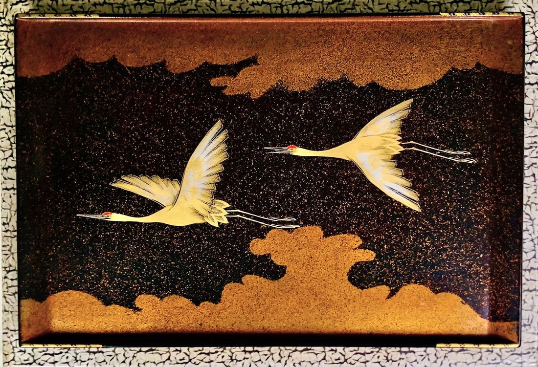 Japanese Lacquer Tray, Circa 1960s: Fine Japanese lacquerware tray, circa 1960-1970. Having original box. Very good condition. Dimensons: L. 16 inches W. 11 inches H. 1 inch
