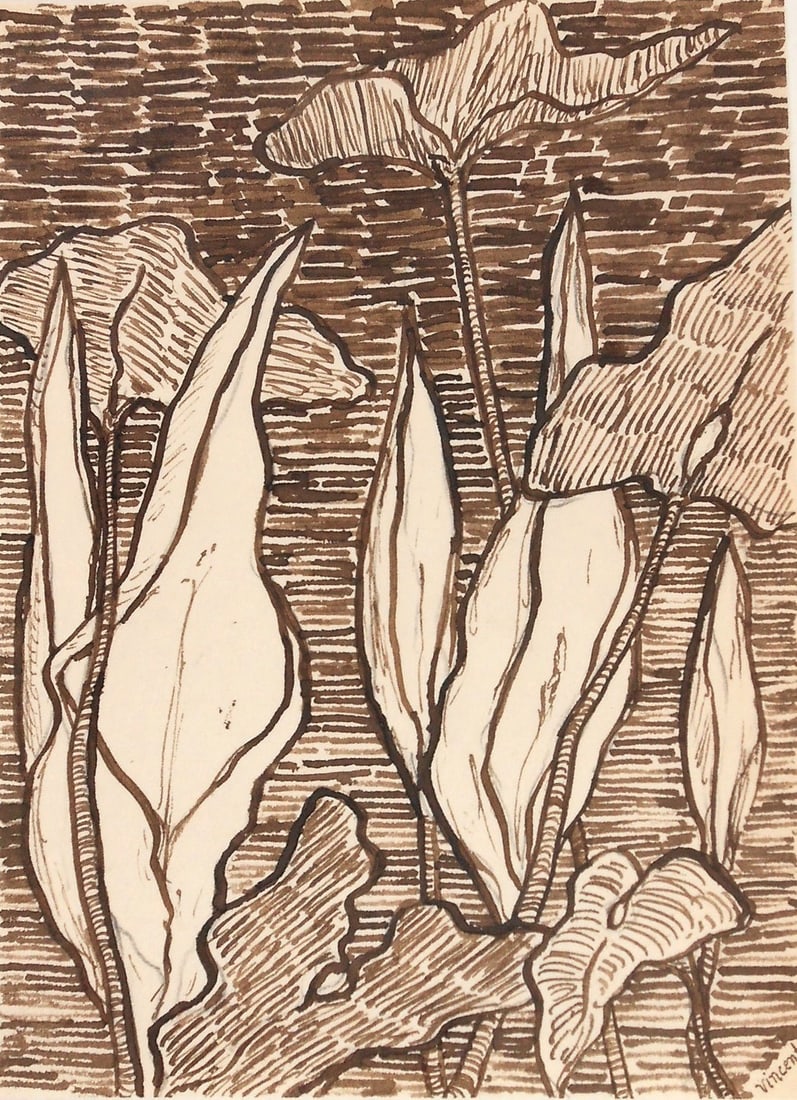 Vincent Van Gogh* (1853-1890) Ink Drawing (See Guarantee & Disclaimer): Brown ink drawing on wove paper, lilies, signed lower right corner (Vincent van Gogh*, 1853-1890). Very good condition overall, having no readily apparent damage or repairs. Removed from frame for ins