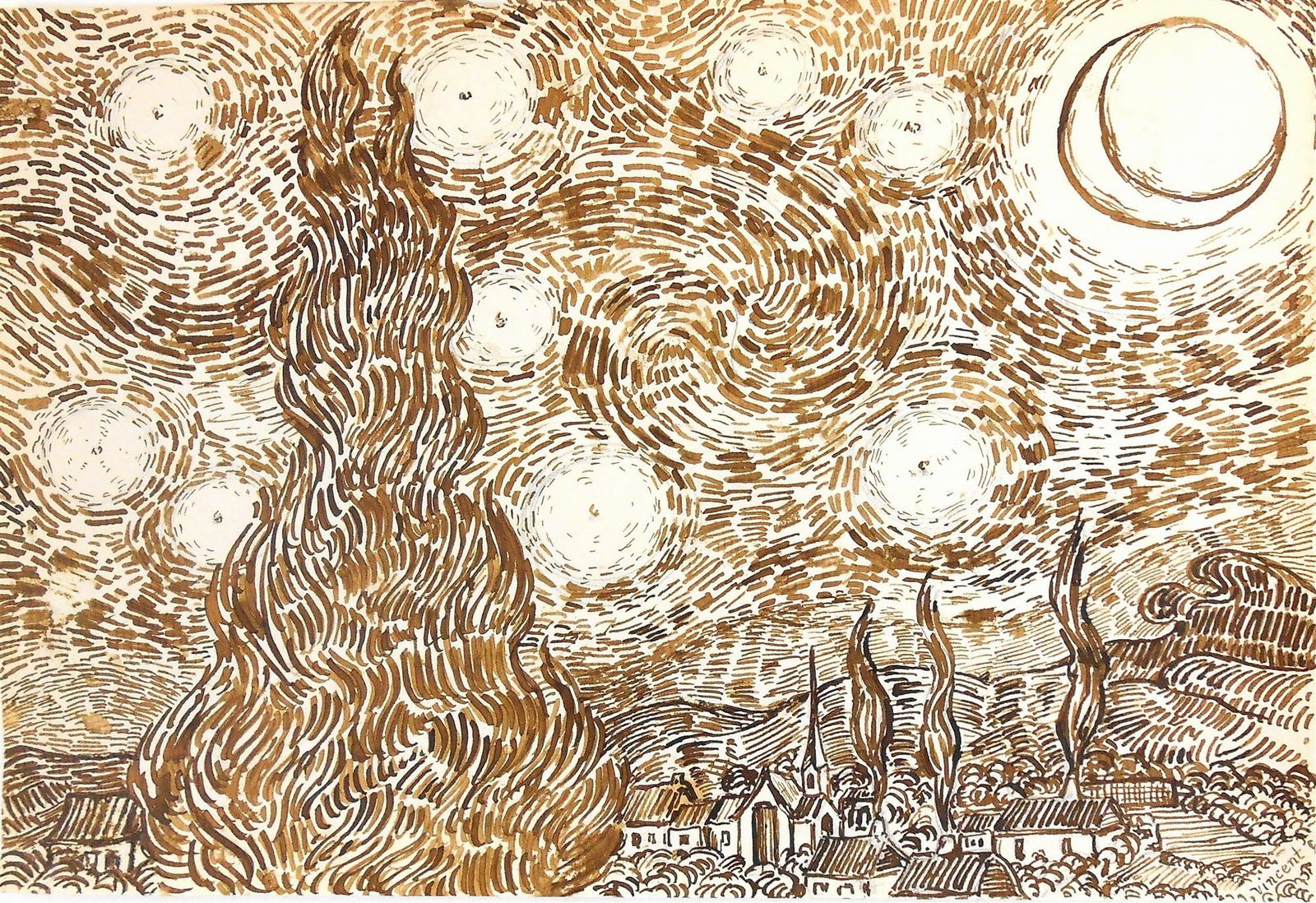 Vincent Van Gogh* (1853-1890) Ink Drawing (See Guarantee & Disclaimer): Brown ink drawing on laid paper, possible study for The Starry (Starlit) Night, signed (Vincent van Gogh*, 1853-1890). Very good condition overall, having no readily apparent damage or repairs. Remove