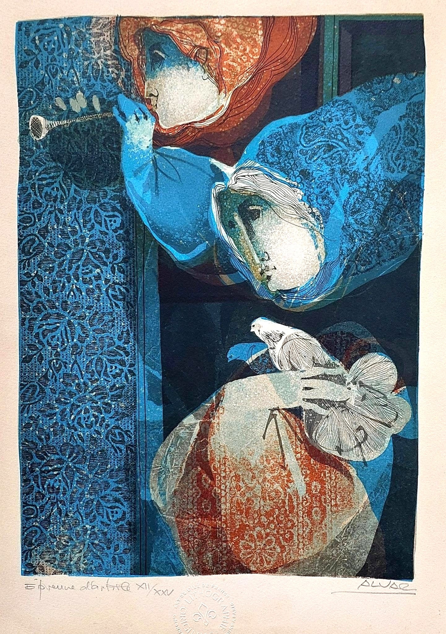 ALVAR Sunol Munoz-Ramos (b. 1935) Lithograph: Color lithograph, two women and a pigeon, by Alvar Sunol Munoz-Ramos (ALVAR, b. 1935). Pencil signed and numbered. Matted but not framed. Appears to be in very good condition. Dimensions: H. 17 inches