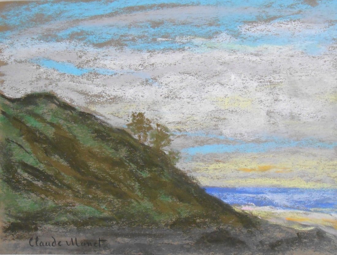 Claude Monet* (1840-1926) Pastel On Paper (See Guarantee & Disclaimer): Pastel on colored paper, seaside landscape, signed (Claude Monet*, 1840-1926). Very good condition overall. No apparent damage or repairs. Removed from frame for inspection, photographing, and shippin