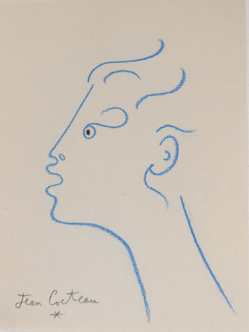 Jean Cocteau* (1889-1963) Blue Chalk Drawing (See Guarantee & Disclaimer): Blue chalk drawing on off-white laid paper, face in profile, signed (Jean Cocteau*, 1889-1963). Very good condition overall. No evidence of any damage or repairs. Removed from frame for inspection, ph