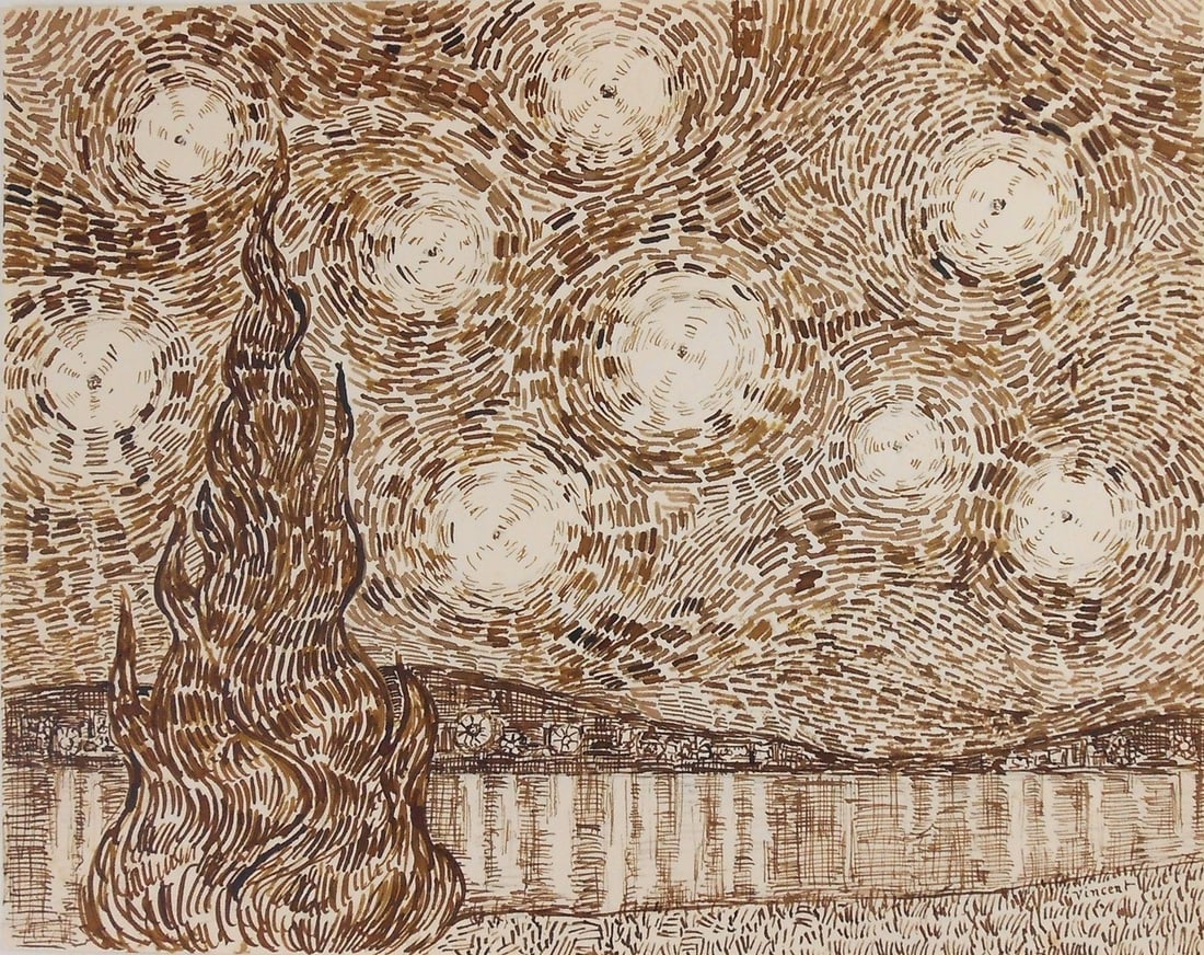 Vincent Van Gogh* (1853-1890) Ink Drawing (See Guarantee & Disclaimer): Brown ink drawing on wove paper, starry night over a calm lake and distant shoreline, signed (Vincent van Gogh*, 1853-1890). Very good condition overall, having no readily apparent damage or repairs.