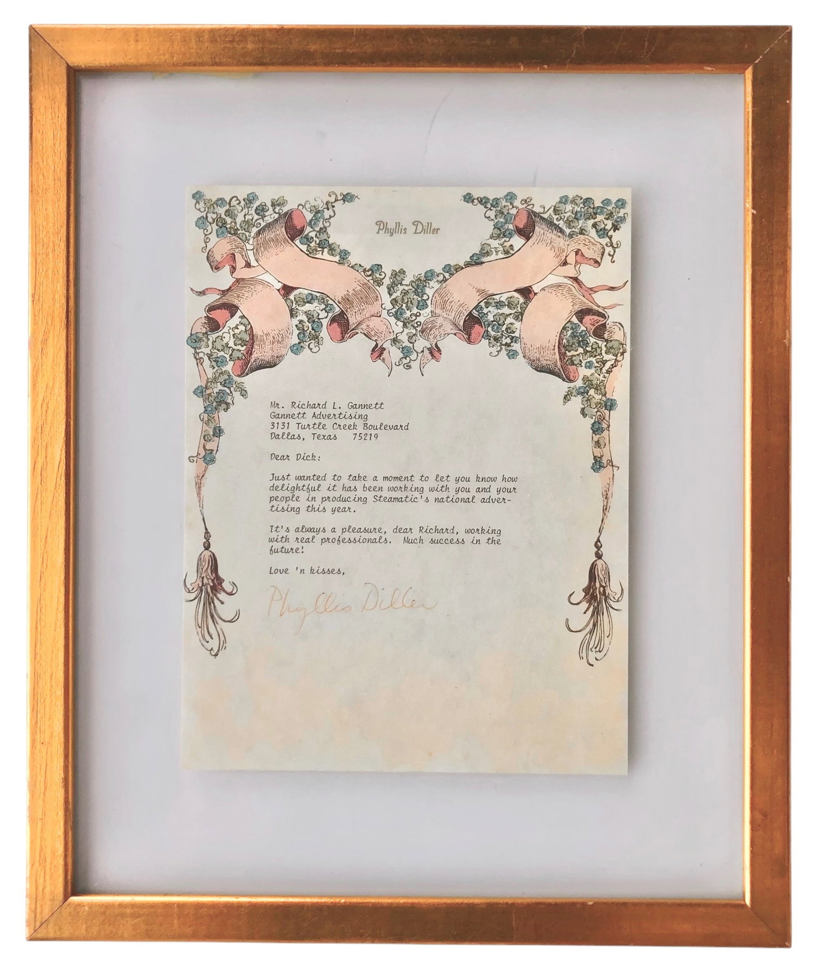Phyllis Diller (1917-2012) Memorabilia: Two photographs and a signed letter by Phyllis Diller (1917-2012). Phyllis Diller was a multi-talented American actress, comedian, author, and musician. Dimensions (largest item): H. 14 1/2 inches W. 