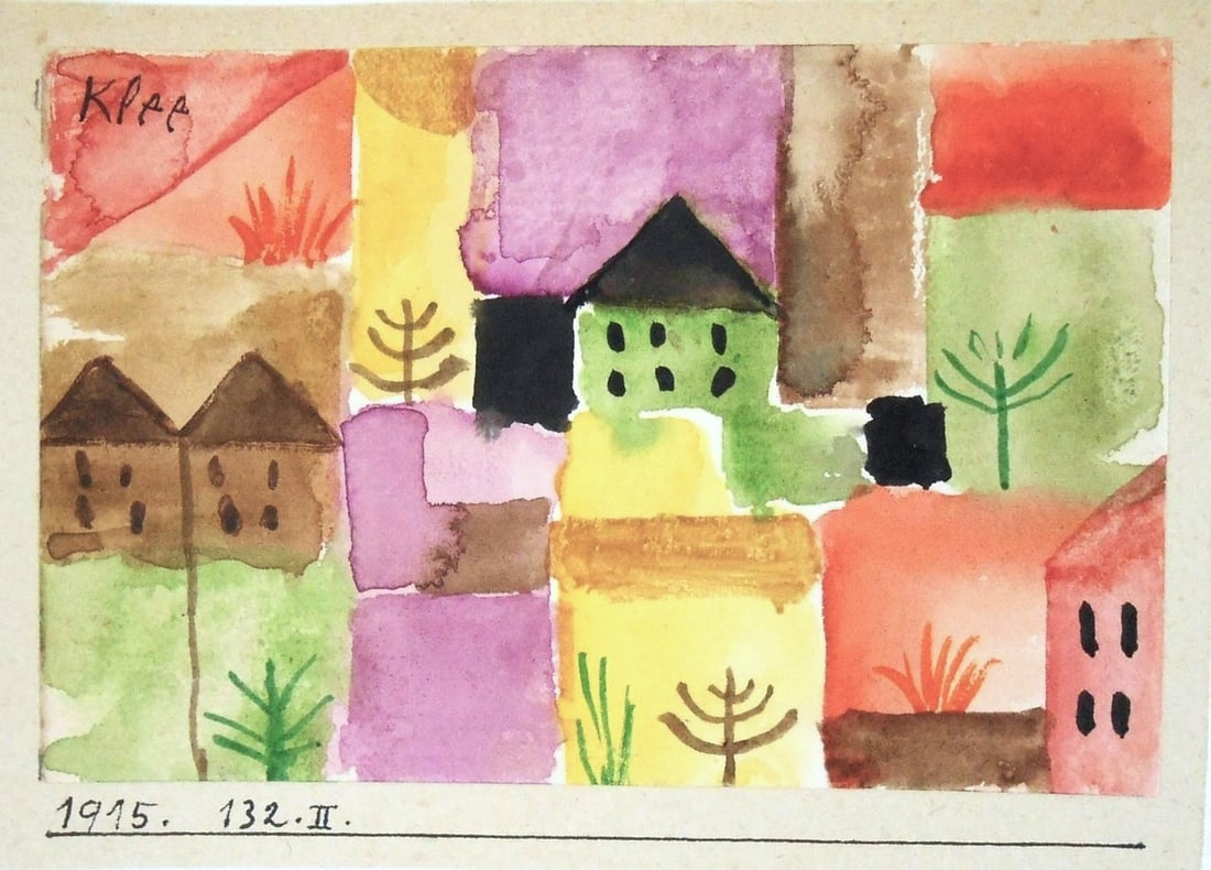Paul Klee* (1879-1940) Watercolor (See Guarantee & Disclaimer): Watercolor and gouache laid down to artist's mount, untitled (village landscape), signed and dated (Paul Klee*, 1879-1940). Very good condition. No readily apparent damage or repairs. Removed from fra