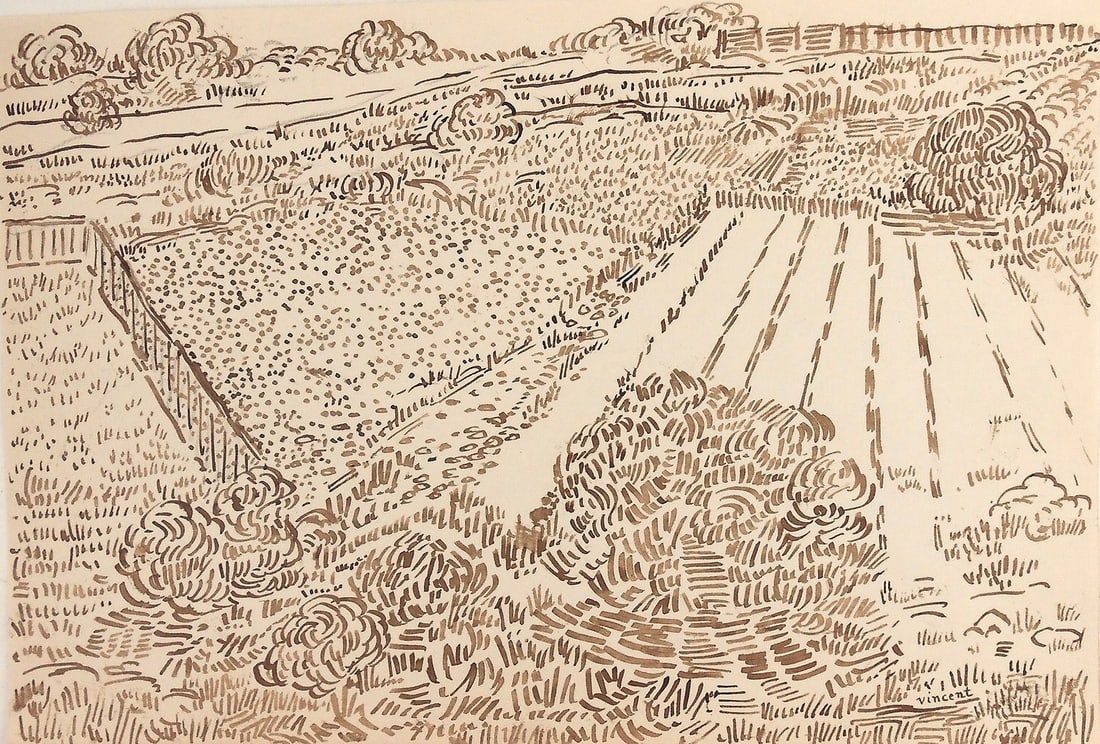 Vincent Van Gogh* (1853-1890) Ink Drawing (See Guarantee & Disclaimer): Brown ink drawing with traces of pencil on laid paper, panoramic landscape, signed (Vincent van Gogh*, 1853-1890). Very good condition overall, having no readily apparent damage or repairs. Removed fr