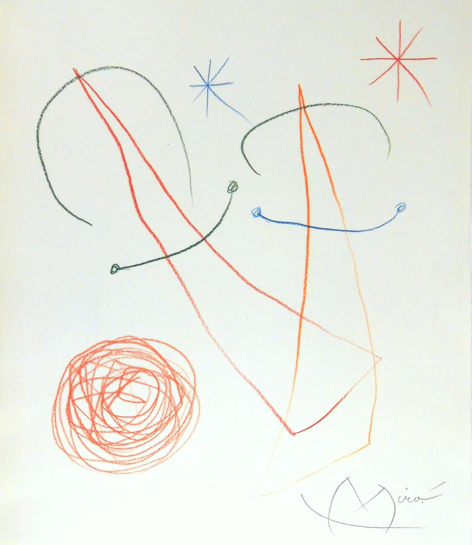 Joan Miro* (1893-1983) Mixed Media Drawing (See Guarantee & Disclaimer): Mixed media drawing on handmade laid paper, untitled abstract (two figures), signed in pencil (Joan Miro*, 1893-1983). Very good condition. No visible damage or repairs. Removed from frame for inspect