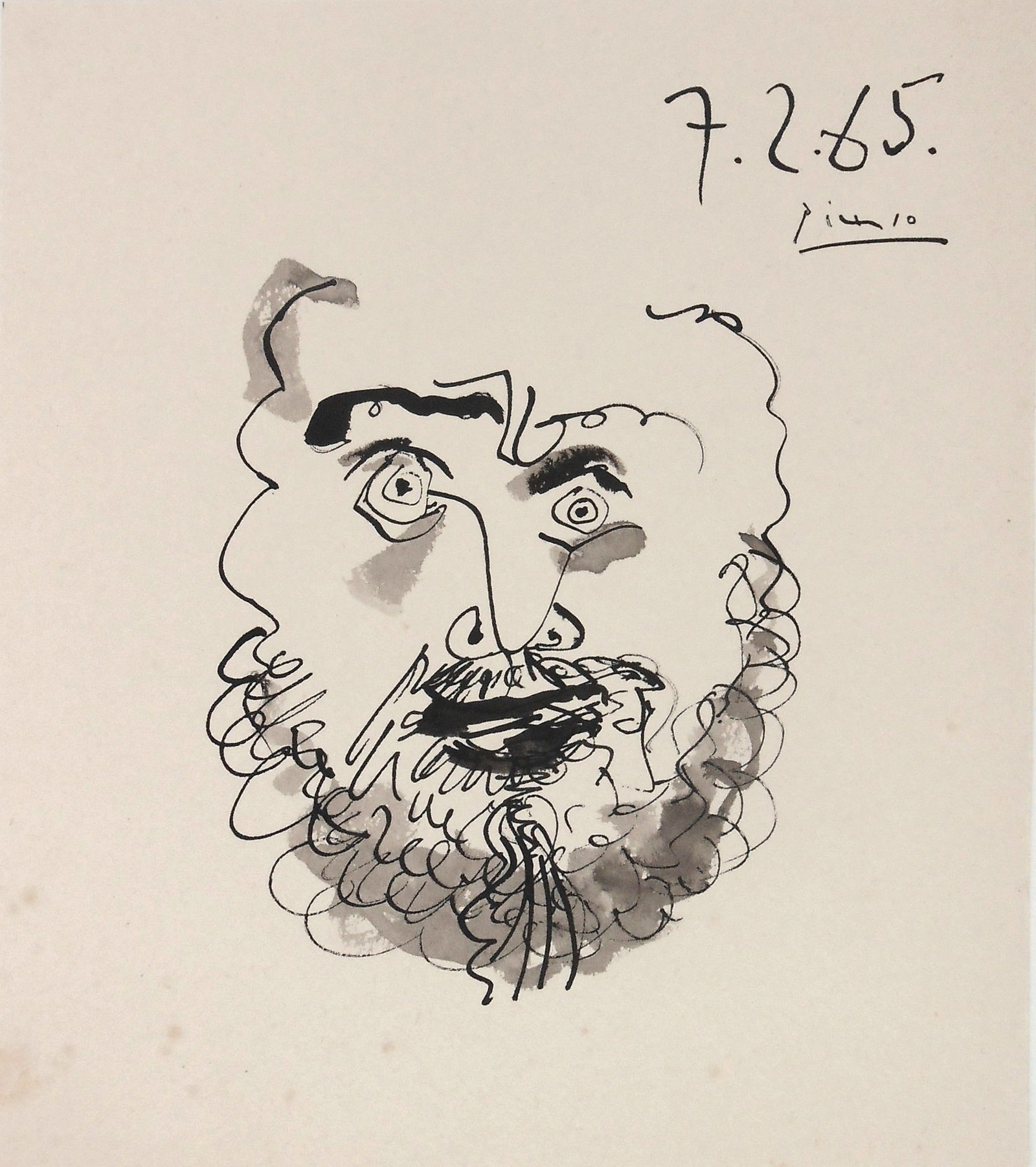 Pablo Picasso* (1881-1973) Ink Drawing (See Guarantee & Disclaimer): Black ink and wash drawing on cream-color wove paper, portrait, signed and dated (Pablo Picasso*, 1881-1973). Some minor foxing and age spotting but otherwise good condition overall. Removed from fram
