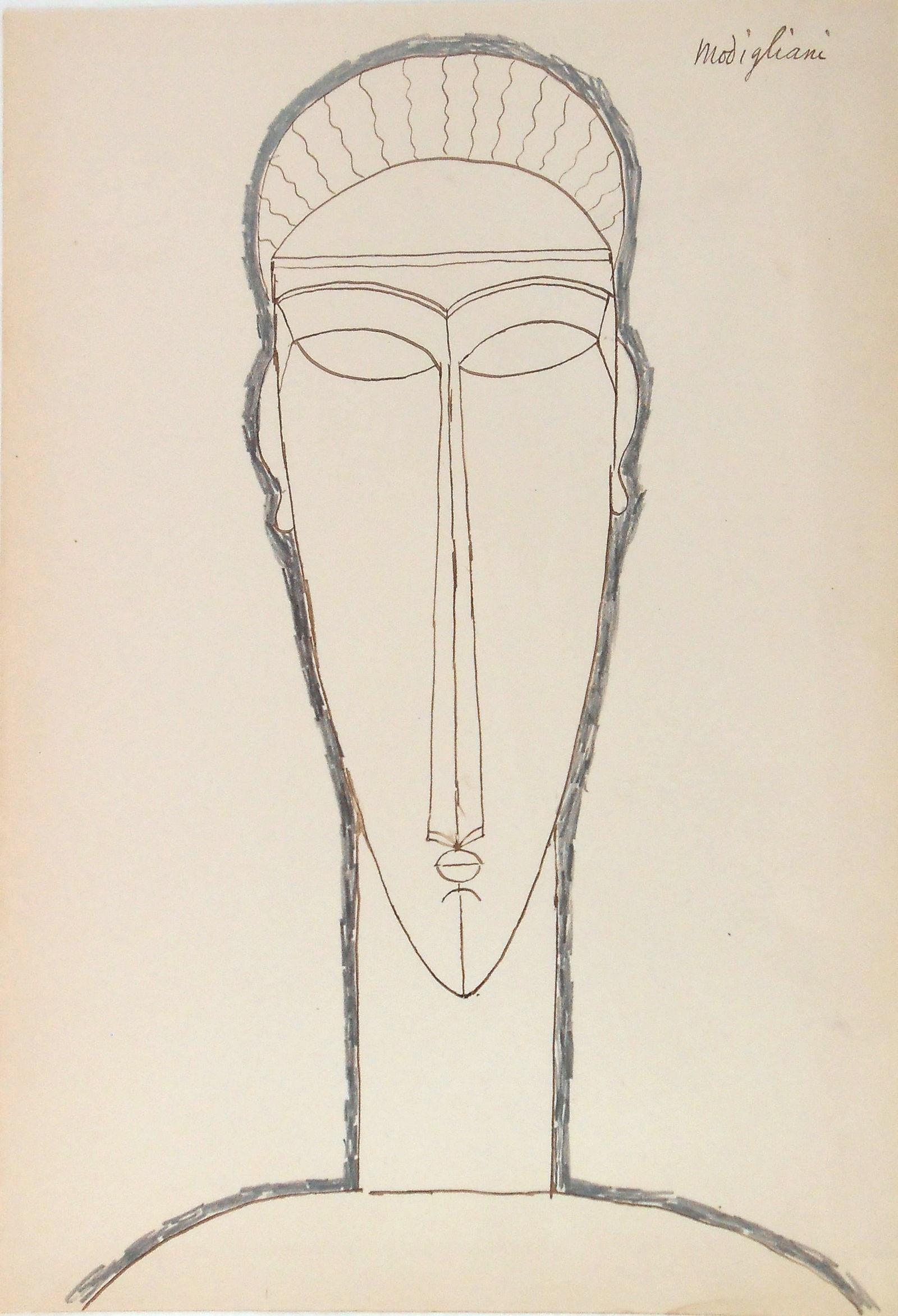 Amedeo Modigliani* (1884-1920) Ink Drawing (See Guarantee & Disclaimer): Brown ink drawing with lead pencil on wove sketchbook paper, Tete de face, signed (Amedeo Modigliani*, 1884-1920). Very good condition, having no visible damage or signs of repair. Removed from frame