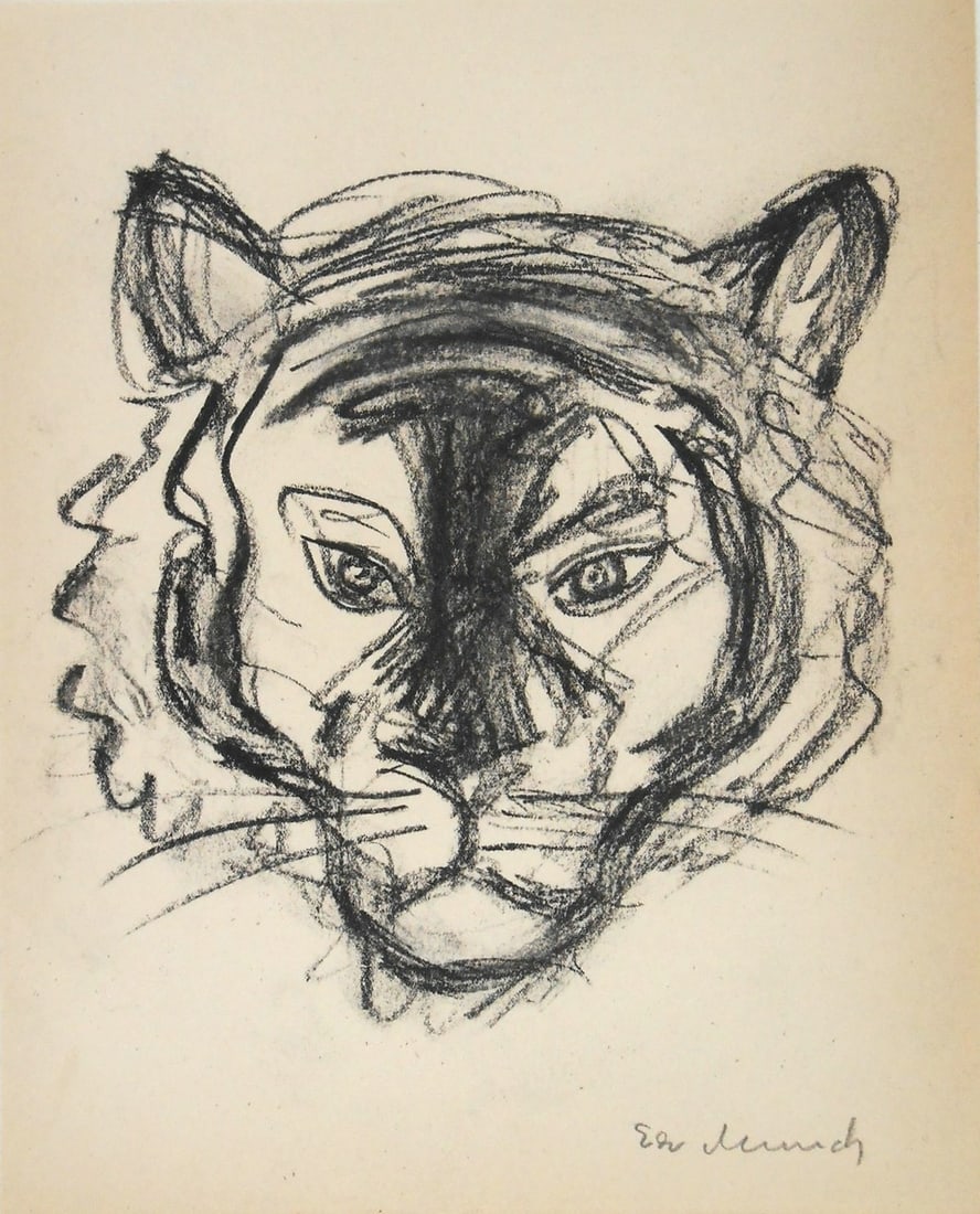 Edvard Munch* (1863-1944) Sketchbook Drawing (See Guarantee & Disclaimer): Charcoal or black chalk drawing on wove sketchbook paper, portrait of a tiger's head, signed (Edvard Munch*, 1863-1944). Circa 1908-1915. Very good condition, having no apparent damage or repairs. Sol