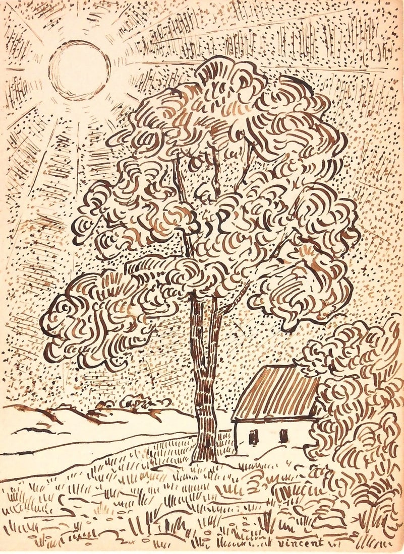 Vincent Van Gogh* (1853-1890) Ink Drawing (See Guarantee & Disclaimer): Brown ink sketchbook drawing on medium weight wove paper, landscape with farmhouse, signed (Vincent van Gogh*, 1853-1890). Very good condition overall. No repairs or visible damage. Sold unframed, as