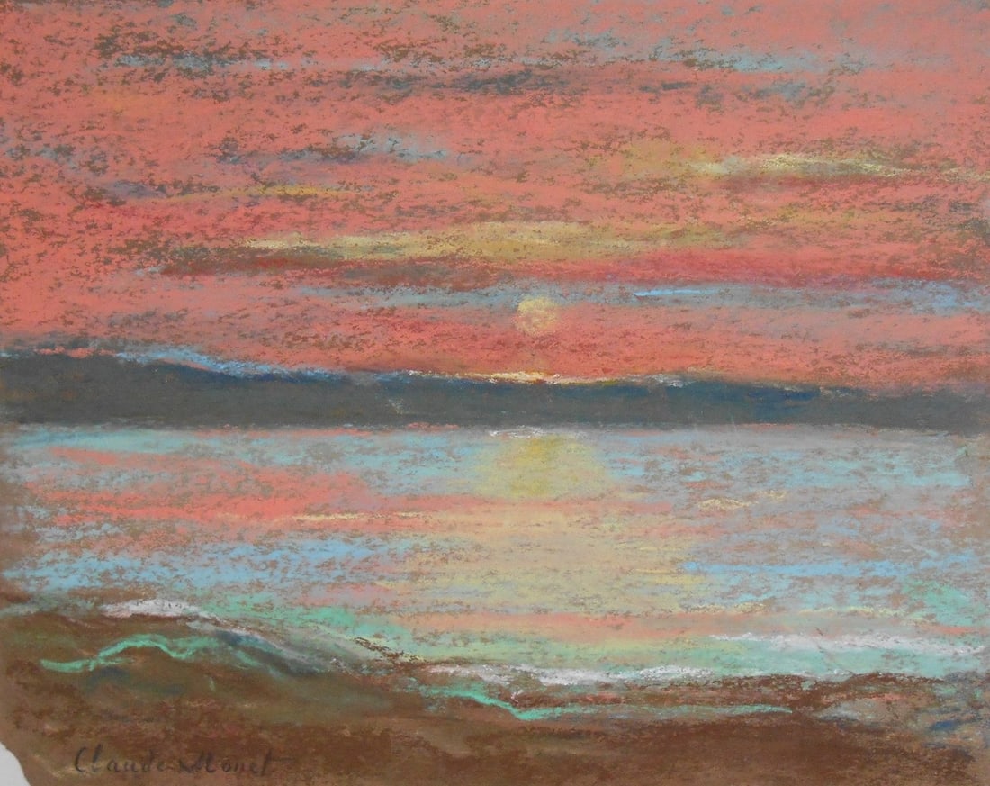 Claude Monet* (1840-1926) Pastel On Paper (See Guarantee & Disclaimer): Pastel on brown paper, sunset over a lake or bay, signed (Claude Monet*, 1840-1926). Very small repaired tear at right hand edge, small chip to lower left corner, otherwise very good condition overall