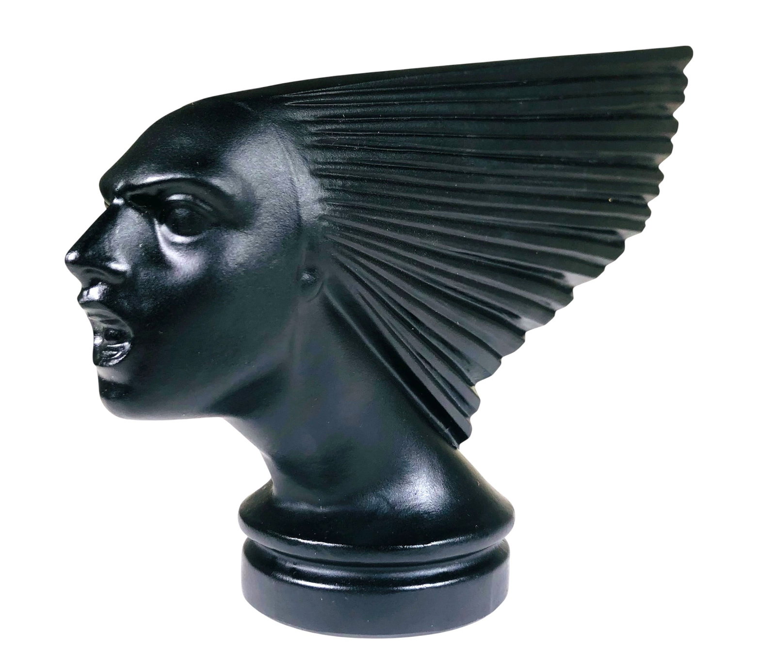 Black Glass Hood Ornament, 20th Century: Black glass Art Deco-style hood ornament in the manner of Rene Lalique, circa mid/late 20th century. Unsigned. Very good condition. Dimensions: L. 10 inches H. 6 inches D. 2 1/2 inches