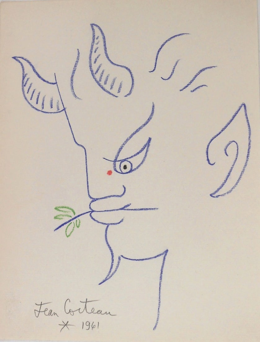 Jean Cocteau* (1889-1963) Chalk Drawing (See Guarantee & Disclaimer): Colored chalk drawing on off-white laid paper, portrait of a faun, signed (Jean Cocteau*, 1889-1963). Very good condition overall. No evidence of any damage or repairs. Removed from frame for inspecti