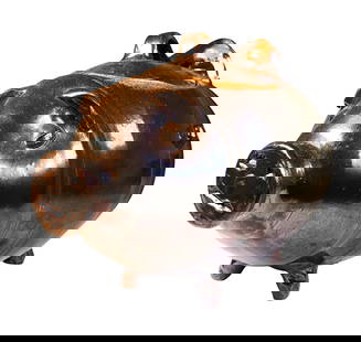 Glazed Earthenware Piggy Bank, Circa mid-20th C.: Nice vintage earthenware piggy bank, glazed finish, lidded top. Circa 1950-1980. Very good condition.Dimensions: L. 9 inches H. 7 1/4 inches W. 5 1/2 inches