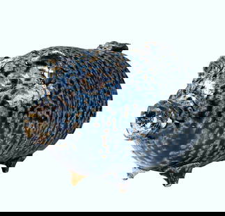 Vintage Glazed Stoneware Piggy Bank, 1981: Vintage stoneware piggy bank, blue & brown mottled glazed finish, signed and dated 1981 and inscribed Holly Tree, ALA. Excellent condition.Dimensions: L. 6 1/4 inches H. 4 1/2 inches W. 4 1/2 inches