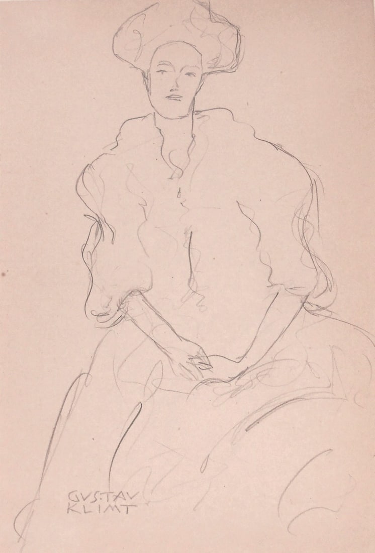 Gustav Klimt* (1862-1918) Pencil Drawing (See Fine Art Guarantee & Disclaimer): Pencil drawing on light tan wove paper, figure of a woman, signed lower left (Gustav Klimt*, 1862-1918). Very good condition overall, having no apparent repairs or damage. Unframed for inspection, pho