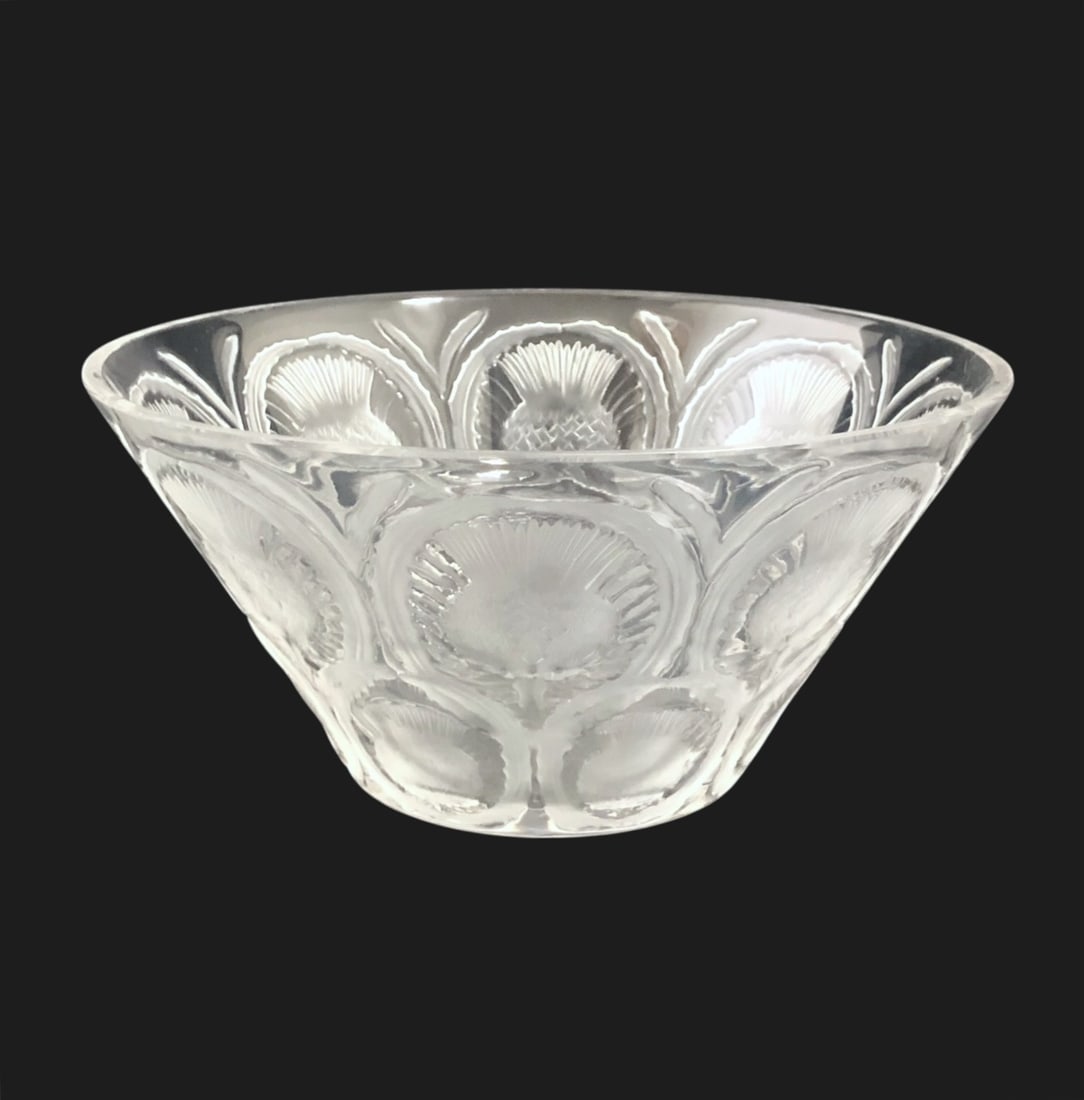 Lalique "Thistle" Crystal Bowl: Lalique "Thistle" bowl in clear and frosted crystal, signed, circa mid-20th century. Very good condition. No chips or damage noted.Dimensions: Dia. 10 1/4 inches H. 5 inches