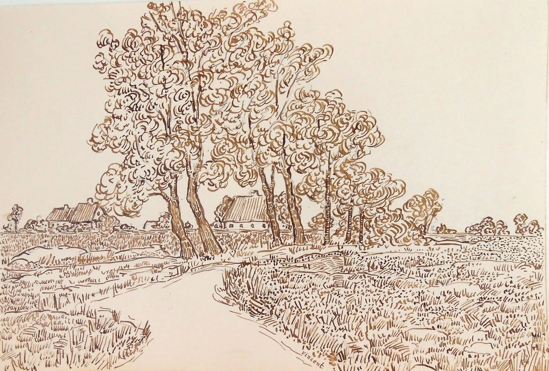 Vincent Van Gogh* (1853-1890) Ink Drawing (See Guarantee & Disclaimer): Brown ink drawing on laid paper, landscape with houses, signed (Vincent van Gogh*, 1853-1890). Very good condition overall, having no readily apparent damage or repairs. Removed from frame for inspect