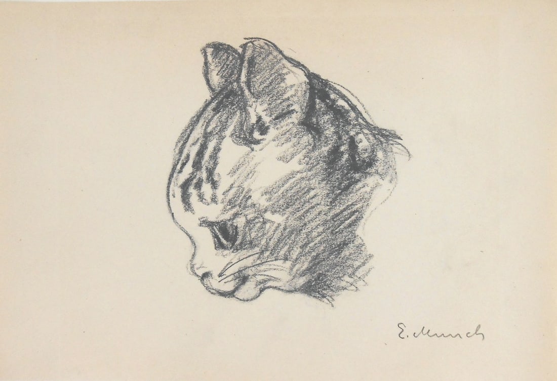 Edvard Munch* (1863-1944) Sketchbook Drawing (See Guarantee & Disclaimer): Grey chalk drawing on wove sketchbook paper, portrait of a kitten's head in profile, signed (Edvard Munch*, 1863-1944). Circa 1908-1915. Very good condition, having no apparent damage or repairs. Sold