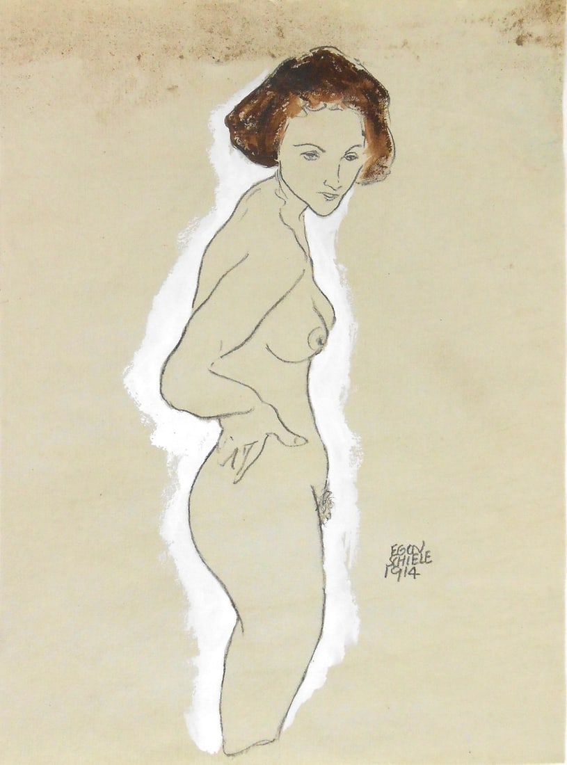 Egon Schiele* (1890-1918) Pencil Drawing (See Guarantee & Disclaimer): Pencil drawing and gouache on pale-green laid paper, standing nude, signed and dated (Egon Schiele*, 1890-1918). Good condition overall, with the exception of some small areas of dirt and grime at the