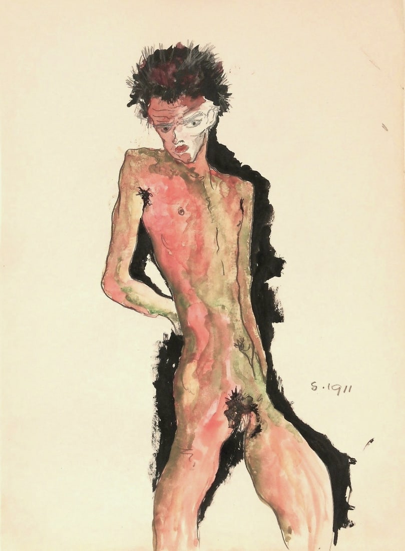 Egon Schiele* (1890-1918) Watercolor (See Guarantee & Disclaimer): Watercolor and pencil on wove paper, full-length self-portrait, signed and dated (Egon Schiele*, 1890-1918). Some slight creasing to upper right corner and margin, otherwise very good condition overal