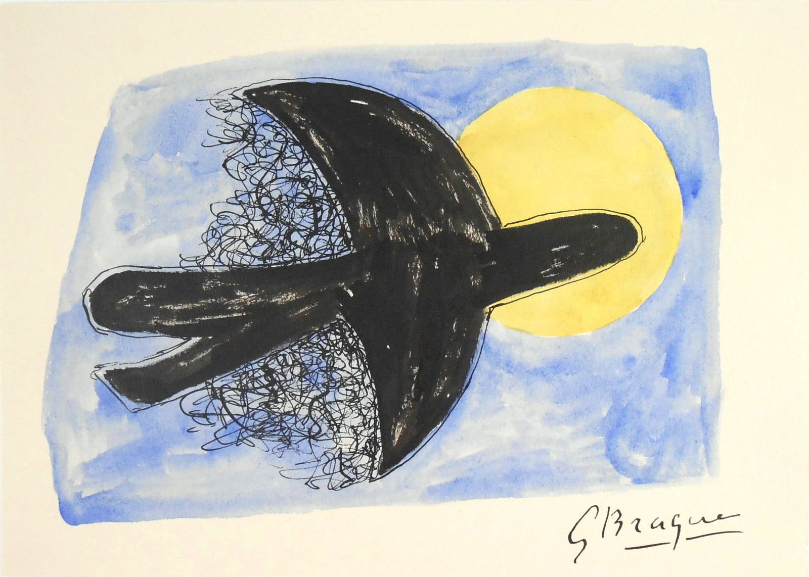 Georges Braque* (1882-1963) Watercolor (See Guarantee & Disclaimer: Watercolor with black ink on wove paper, bird in flight, signed (Georges Braque*, 1882-1963). Excellent condition, having no visible damage or signs of repair. Removed from frame for inspection, photo