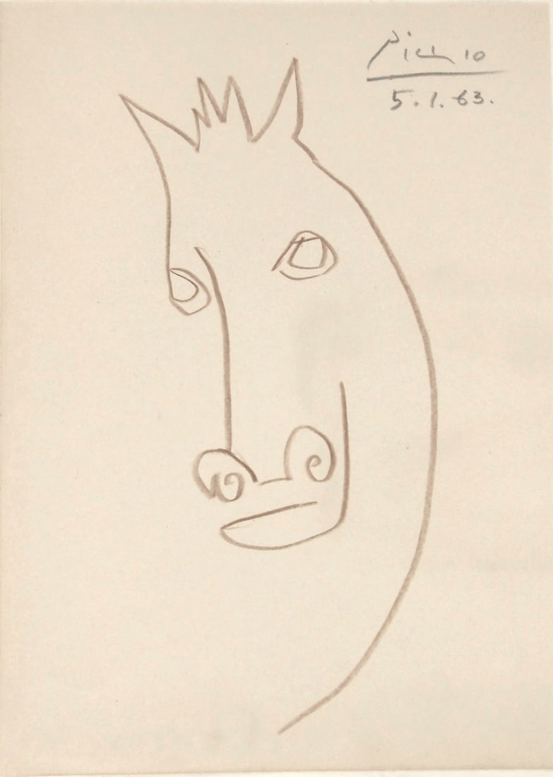 Pablo Picasso* (1881-1973) Colored Pencil Drawing (See Fine Art Disclaimer): Colored pencil drawing on cream-color wove paper, portrait of a horse, signed (Pablo Picasso*, 1881-1973). Very good condition, having no readily apparent damage or repairs. Removed from frame for ins