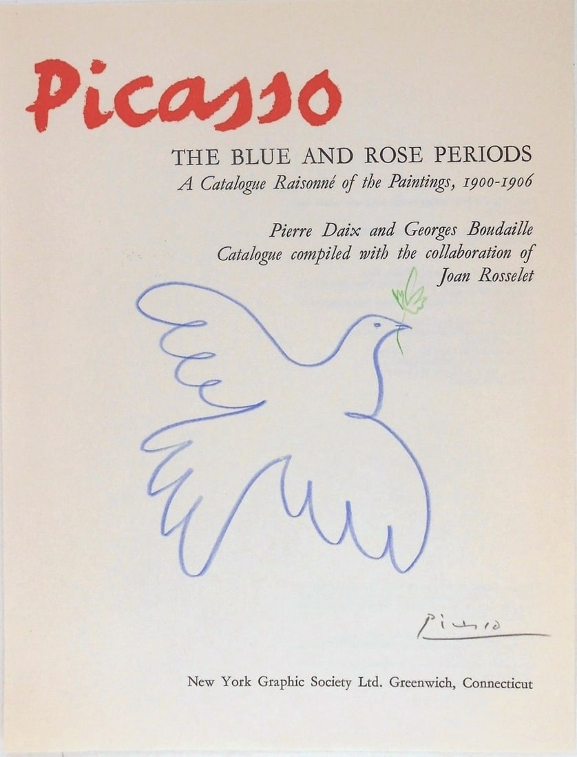 Pablo Picasso* (1881-1973) Souvenir Drawing (See Guarantee & Disclaimer): Color pencil drawing, dove of peace, pencil signed (Pablo Picasso*, 1881-1973). Executed circa 1966 on the title page of "Picasso: The Blue and Rose Periods," 1966. Excellent condition. Removed from f