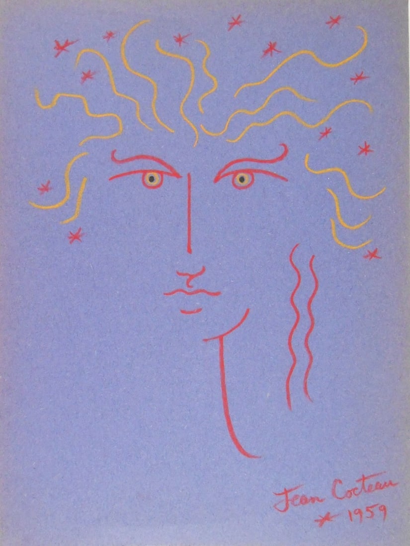 Jean Cocteau* (1889-1963) Pastel (See Guarantee & Disclaimer): Pastel (colored chalk) drawing on blue construction paper, untitled (face), signed and dated 1959 (Jean Cocteau*, 1889-1963). Very good condition. No evidence of any damage or repairs. Removed from fr