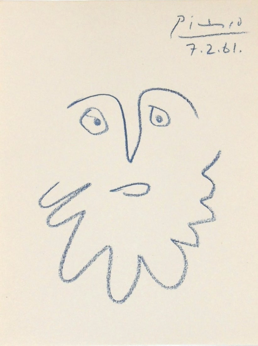 Pablo Picasso* (1881-1973) Colored Pencil Drawing (See Fine Art Disclaimer): Blue colored pencil souvenir drawing on cream color wove paper, man with beard, signed and dated (Pablo Picasso*, 1881-1973). Very good condition, having no readily apparent damage or repairs. Removed