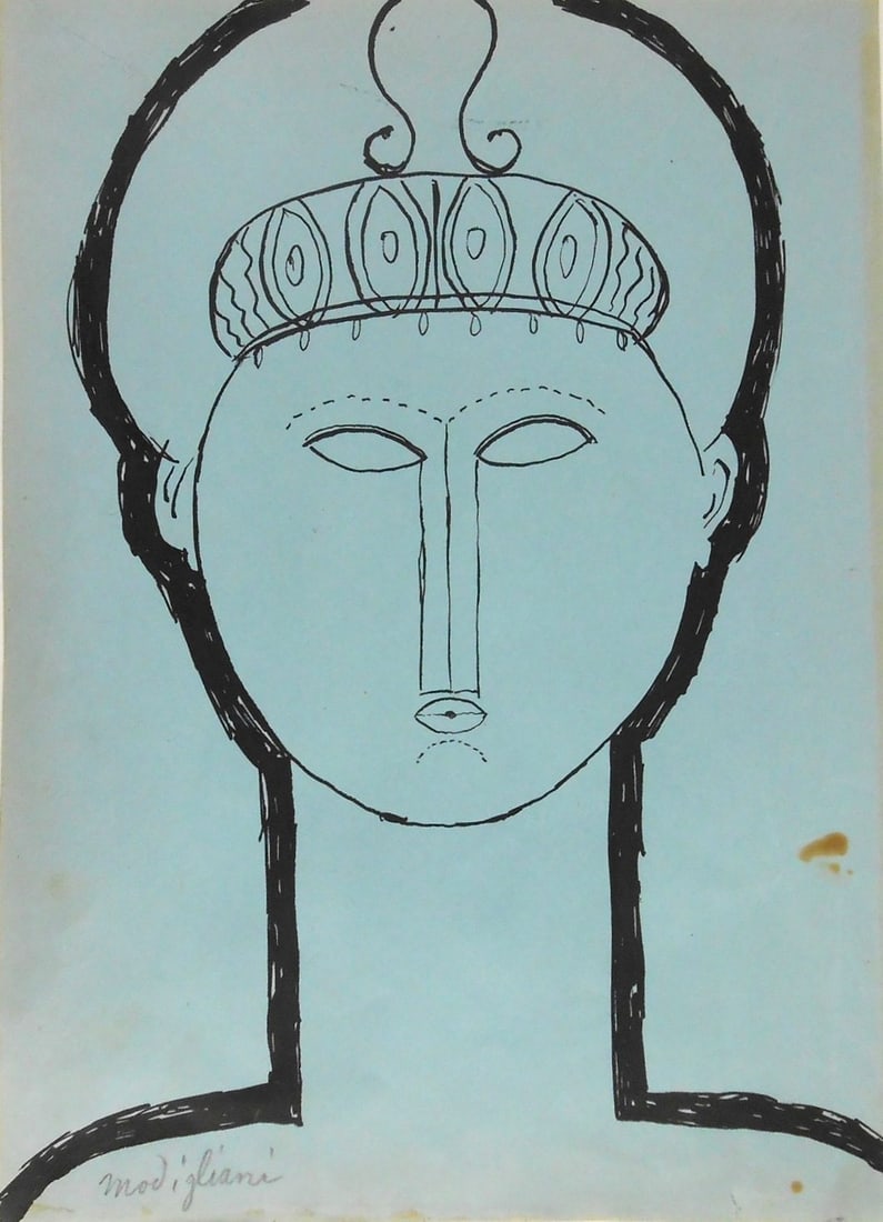 Amedeo Modigliani* (1884-1920) Ink Drawing (See Fine Art Disclaimer): Double-sided black ink drawing on blue wove paper, Tete de Cariatide on one side, portrait of a seated female nude on the other side. Signed (Amedeo Modigliani*, 1884-1920). Very good condition overal