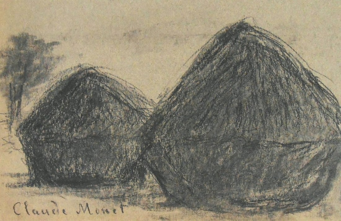 Claude Monet* (1840-1926) Charcoal Drawing (See Fine Art Disclaimer): Charcoal drawing on greenish-gray wove paper, landscape with haystacks, signed (Claude Monet*, 1840-1926). Very good condition overall, having no visible damage or repairs. Removed from frame for insp