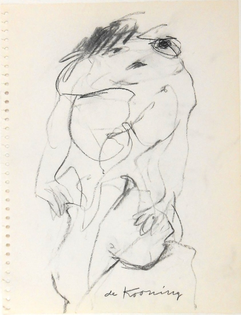 Willem De Kooning* (1904-1997) Charcoal Drawing (See Fine Art Disclaimer: Charcoal drawing on watermarked sketchbook paper, untitled (woman), signed (Willem de Kooning*, 1904-1997). Very good condition, having no apparent damage or repairs. Removed from frame for