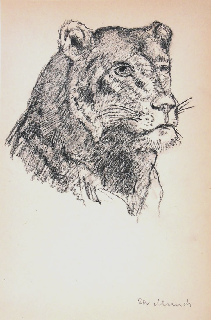 Edvard Munch* (1863-1944) Sketchbook Drawing (See Guarantee & Disclaimer): Charcoal drawing on wove sketchbook paper, head of a tiger, signed (Edvard Munch*, 1863-1944). Circa 1908-1915. Very small tear along right hand margin, otherwise very good condition. Sold unframed. D