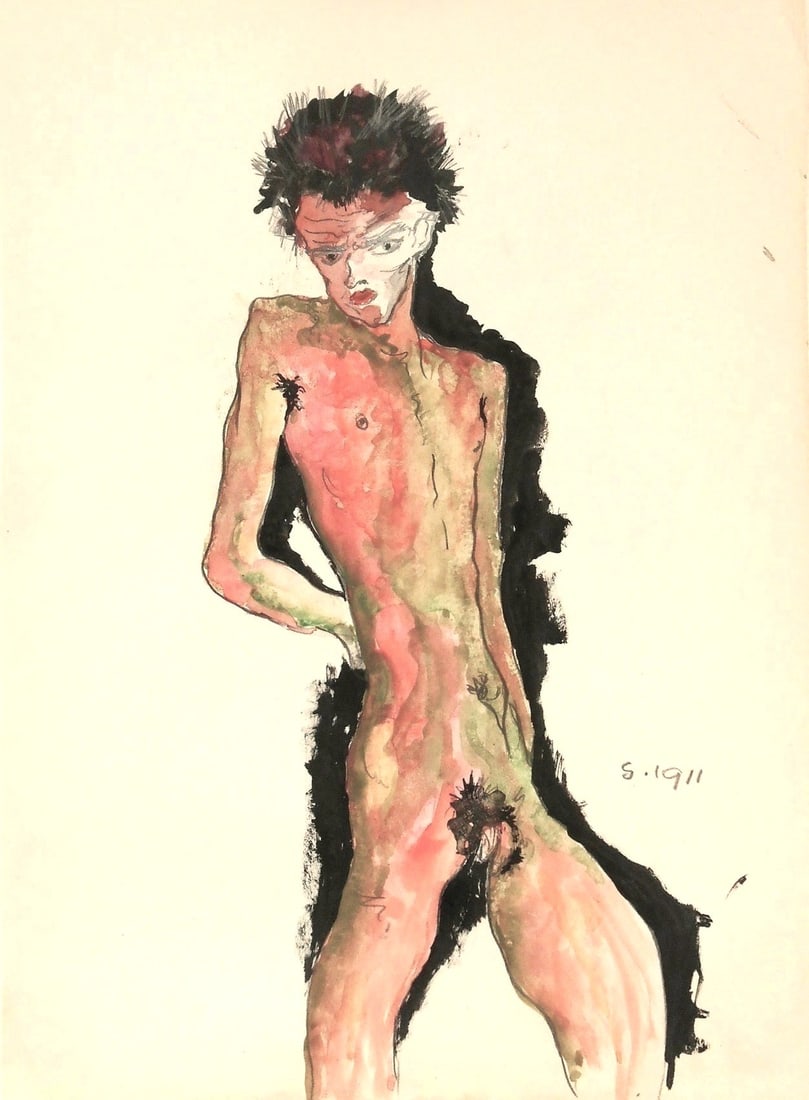 Egon Schiele* (1890-1918) Watercolor (See Guarantee & Disclaimer): Watercolor and pencil on wove paper, full-length self-portrait, signed and dated (Egon Schiele*, 1890-1918). Some slight creasing to upper right corner and margin, otherwise very good condition