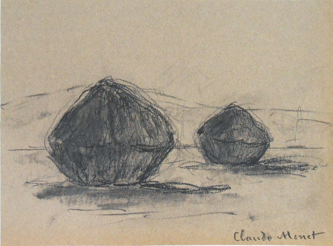 Claude Monet* (1840-1926) Charcoal Drawing (See Fine Art Disclaimer): Charcoal sketch on greenish-gray wove paper, landscape with two haystacks, signed (Claude Monet*, 1840-1926). Very good condition overall, having no visible damage or repairs. Removed from frame for i