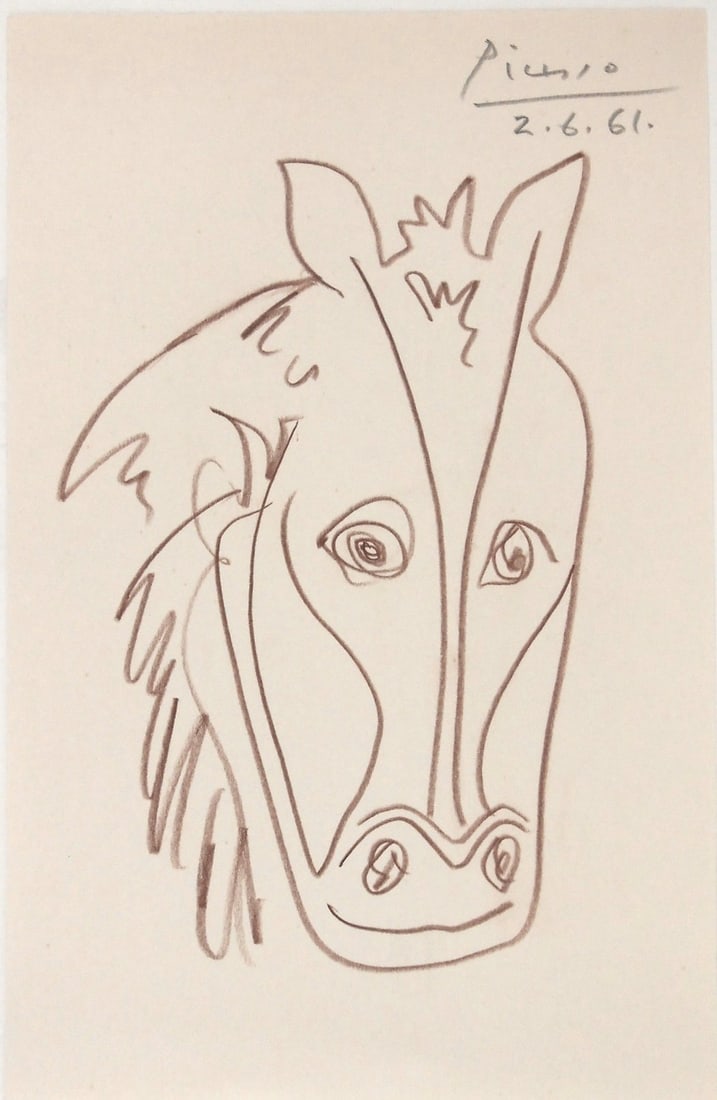 Pablo Picasso* (1881-1973) Colored Pencil Drawing (See Fine Art Disclaimer): Brown colored pencil drawing on off-white wove paper, portrait of a horse, signed (Pablo Picasso*, 1881-1973). Very good condition, having no readily apparent damage or repairs. Removed from frame for