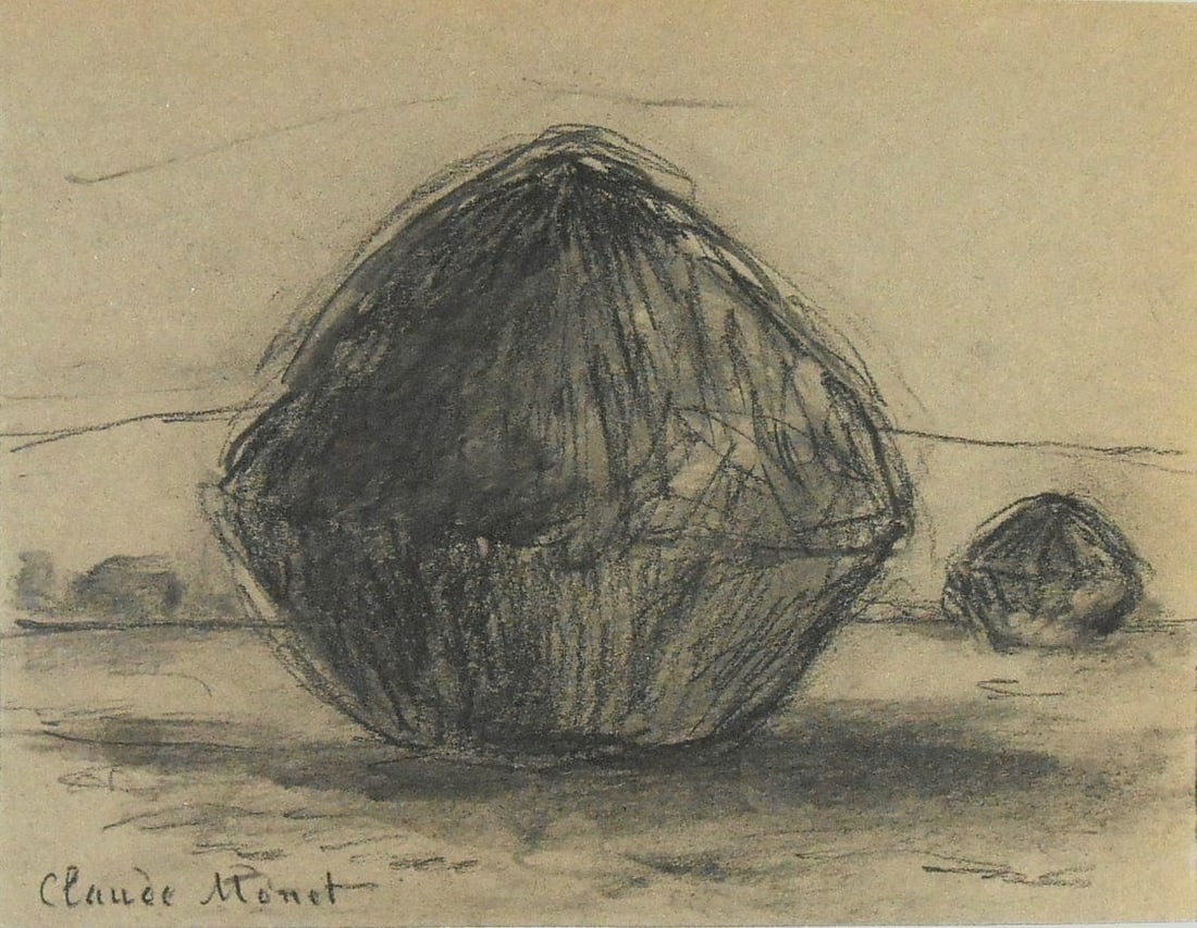 Claude Monet* (1840-1926) Charcoal Drawing (See Fine Art Disclaimer): Charcoal drawing on greenish-gray wove paper, landscape with haystacks, signed (Claude Monet*, 1840-1926). Very good condition overall, having no visible damage or repairs. Removed from frame for insp