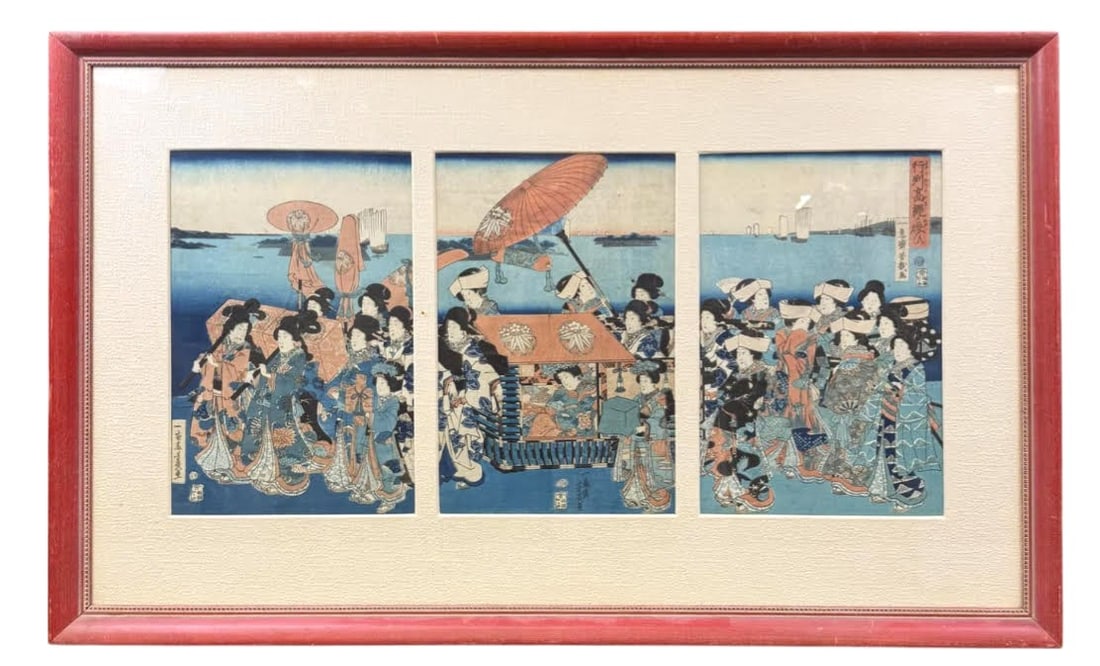 Utagawa Yoshiiku (1833-1904) Woodblock Triptych (1 of 3)