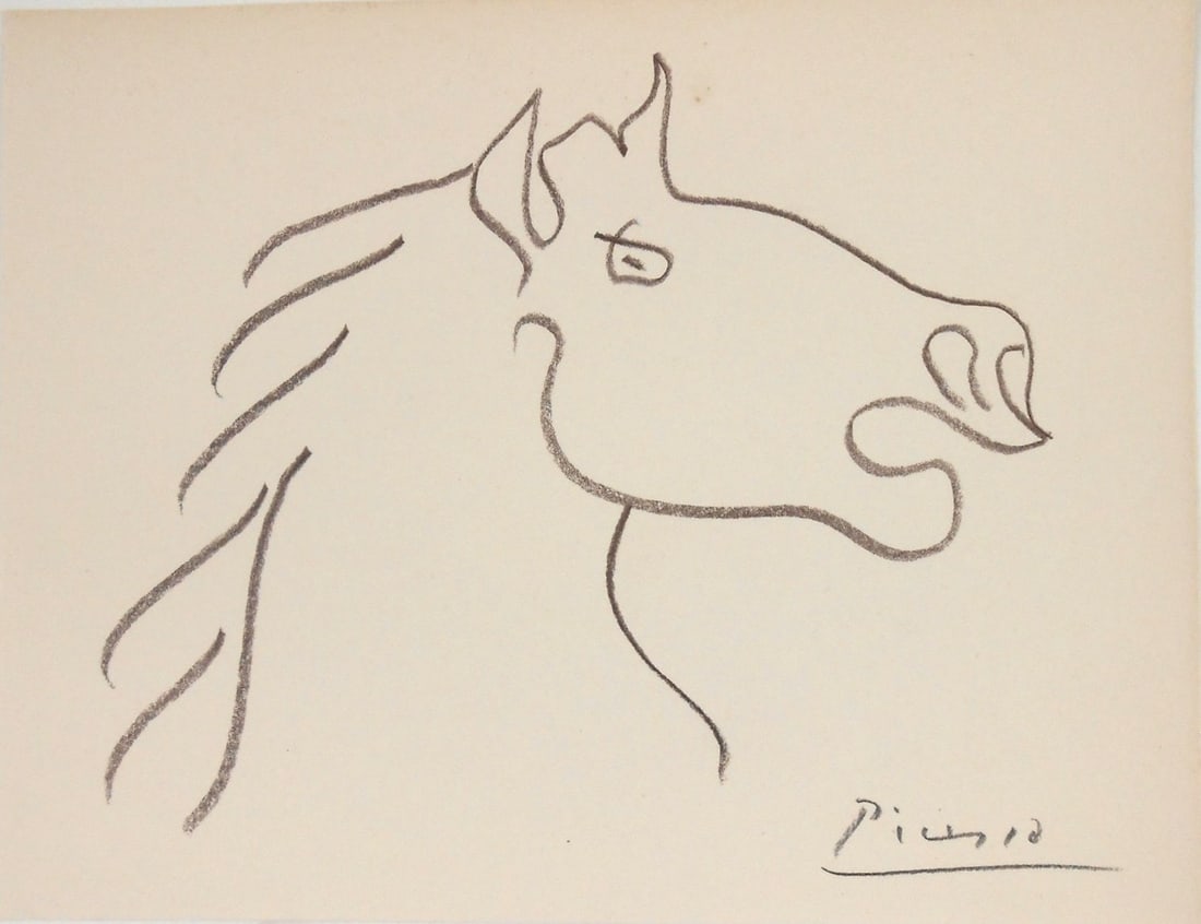 Pablo Picasso* (1881-1973) Colored Pencil Drawing (See Fine Art Disclaimer): Colored pencil drawing on off-white wove paper, portrait of a horse, pencil signed (Pablo Picasso*, 1881-1973). Very good condition, having no readily apparent damage or repairs. Removed from frame