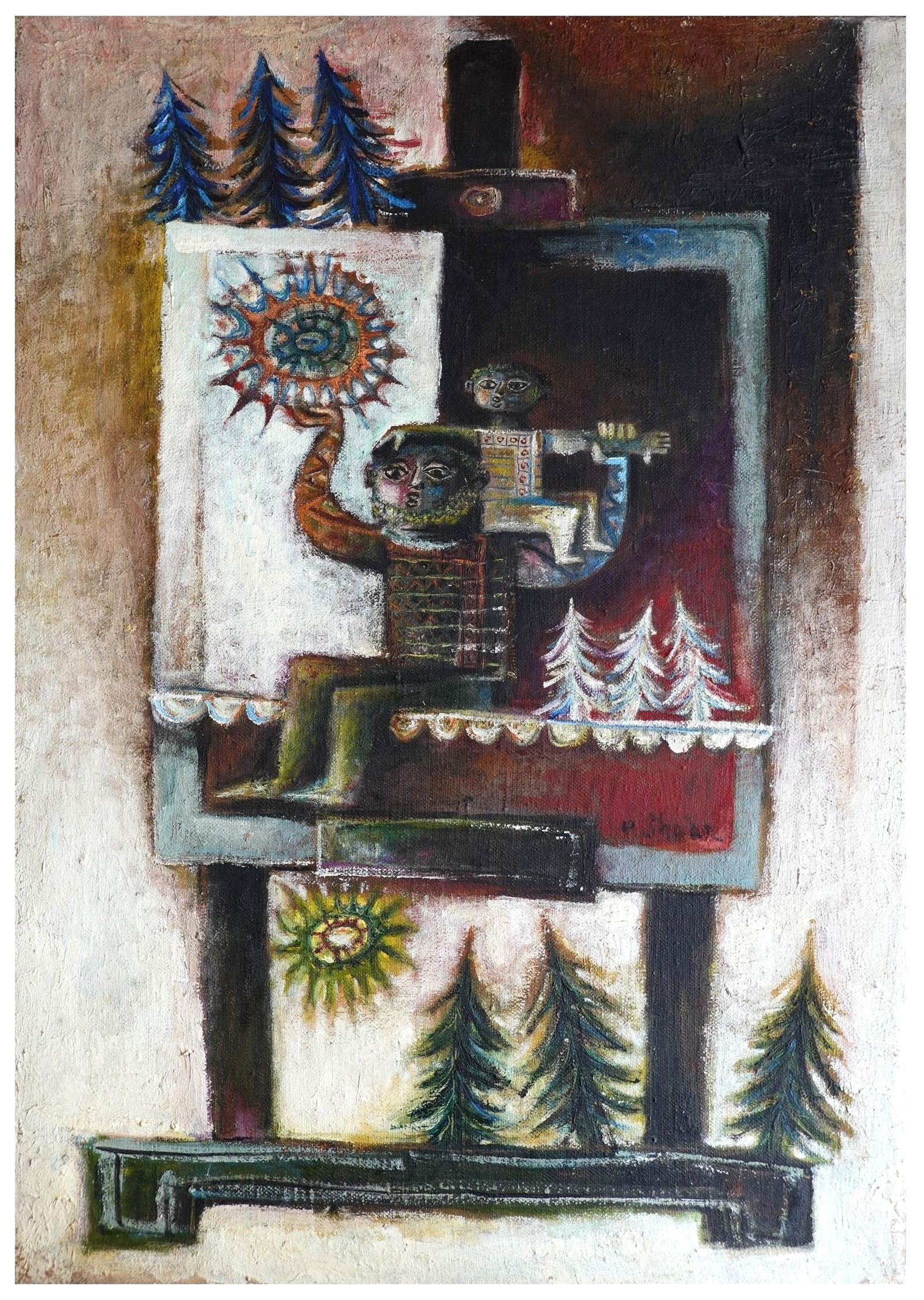 Pinchas Shaar (1923-1996) Oil Painting, Signed: Oil painting, abstract of an artist's easel holding a painting with two seated figures, by Pinchas Shaar (1923-1996), signed and dated 1961. Good condition overall.Dimensions: H. 36 inches W. 25 1/2