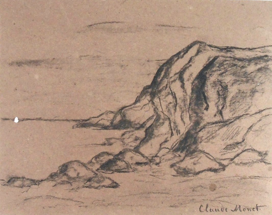 Claude Monet* (1840-1926) Charcoal Drawing (See Fine Art Disclaimer): Charcoal drawing on brown paper, seashore with rocky outcropping, signed (Claude Monet*, 1840-1926). A few margin imperfections, small hole near left edge, otherwise very good condition. Removed from