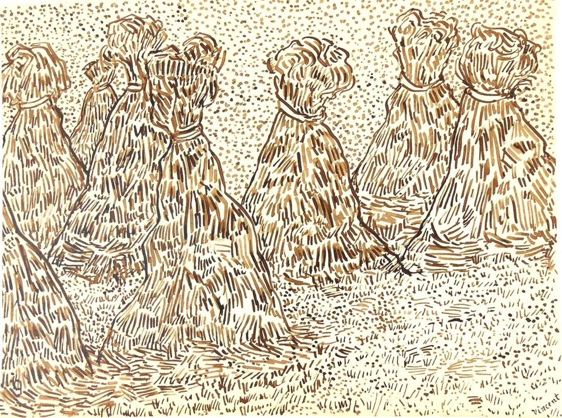 Vincent Van Gogh* (1853-1890) Ink Drawing (See Fine Art Disclaimer): Pen and brown ink drawing on laid paper, corn stacks, signed (Vincent van Gogh*, 1853-1890). Very good condition, having no visible damage or repairs. Removed from frame for inspection, photographing,