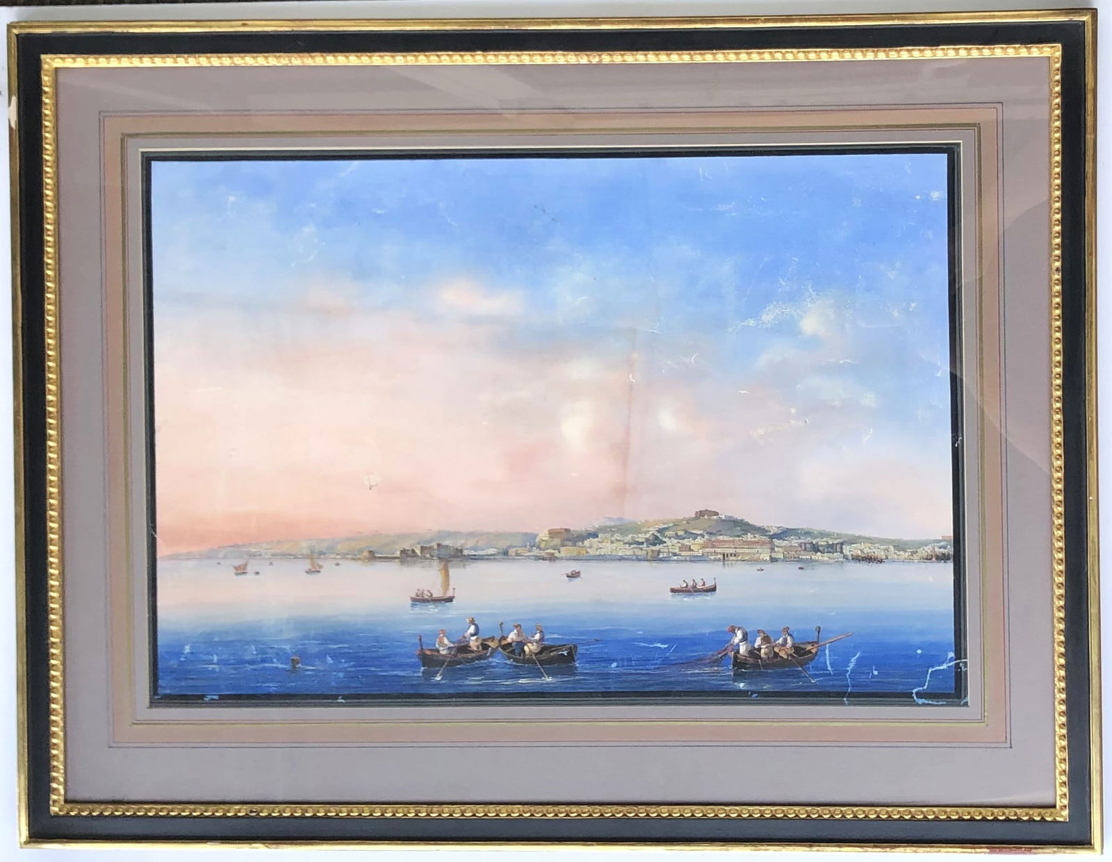 Bay Of Naples Grand Tour Gouache, 19th Century: Italian School, Bay of Naples (harbor scene), gouache on paper, appears to be unsigned. Circa mid-late 19th century. Not examined out of frame. A few small margin tears and other minor imperfections
